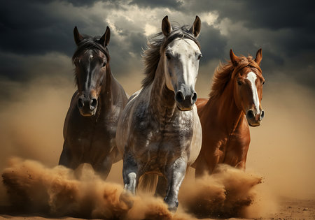 Dramatic close-up of three horses in full stride, amidst a dramatic dust storm. Generative Aiの素材