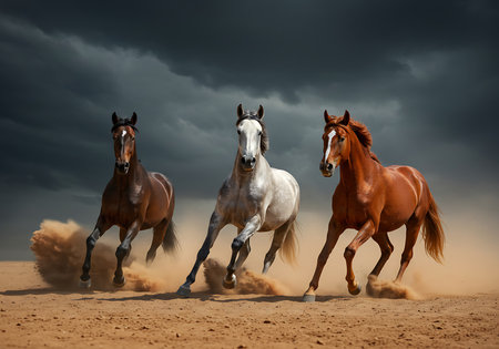 Three magnificent horses brown, gray, and reddish brown gallop across a sandy terrain under a dark, stormy sky. Generative Aiの素材