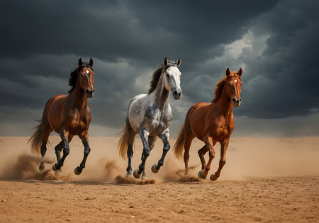 Three magnificent horses brown, gray, and reddish brown gallop across a sandy terrain under a dark, stormy sky. Generative Aiの素材