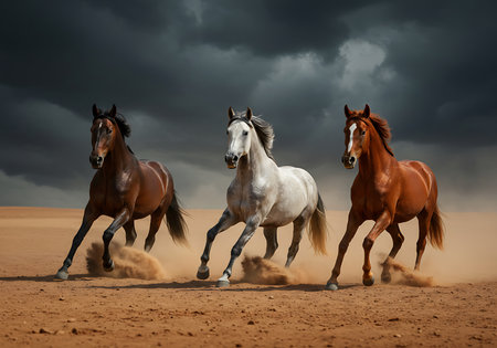 Three magnificent horses brown, gray, and reddish brown gallop across a sandy terrain under a dark, stormy sky. Generative Aiの素材