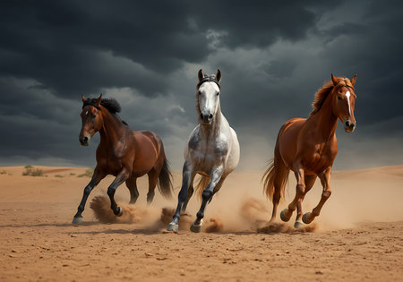 Three magnificent horses brown, gray, and reddish brown gallop across a sandy terrain under a dark, stormy sky. Generative Aiの素材