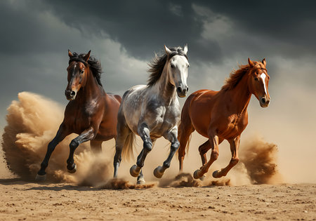 A dynamic image of three horses in full gallop, kicking up a cloud of dust against a dramatic, stormy sky. Generative Aiの素材