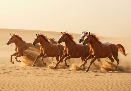 A captivating image of a herd of horses running across a sandy desert landscape at sunrise. Generative Aiの素材