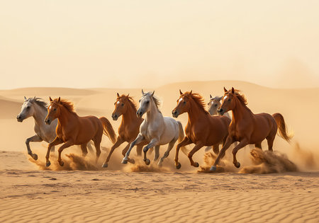 A captivating image of a herd of horses running across a sandy desert landscape at sunrise. Generative Aiの素材