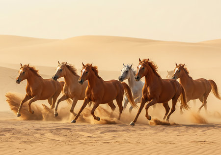 A captivating image of a herd of horses running across a sandy desert landscape at sunrise. Generative Aiの素材