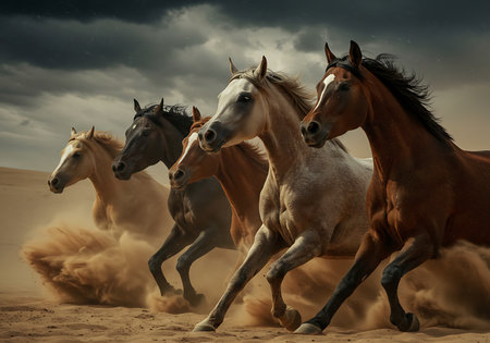 A dynamic image of several horses in full gallop, kicking up clouds of dust against a dramatic stormy sky. Generative Aiの素材