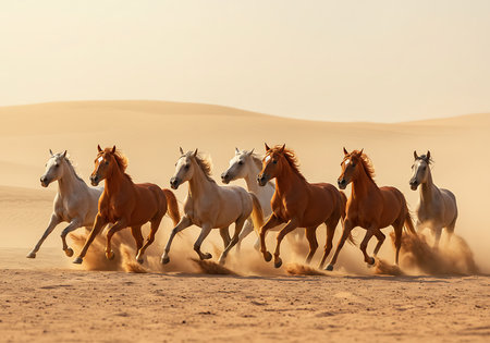 A captivating image of a herd of horses running across a sandy desert landscape at sunrise. Generative Aiの素材