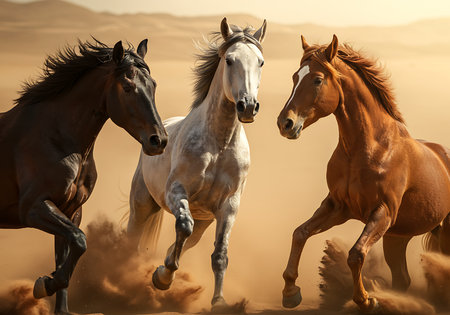 Three majestic horses of varying colors (brown, white, and reddish-brown) are captured in a dynamic, full-speed run across a sandy desert. Generative Aiの素材