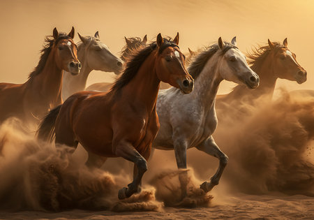 A dynamic and captivating image of a herd of horses galloping across a sandy desert landscape at sunset. Generative Aiの素材