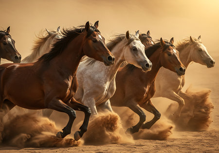 A dynamic and captivating image of a herd of horses galloping across a sandy desert landscape at sunset. Generative Aiの素材