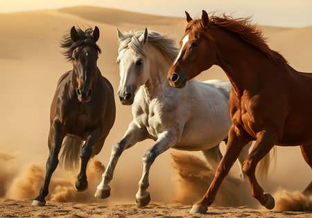 A dynamic image of three horses in full gallop across a sandy desert landscape, bathed in the warm glow of a sunrise or sunset. Generative Aiの素材