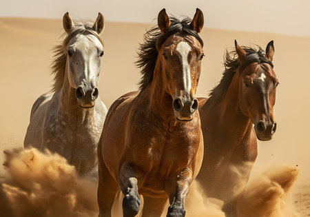 Powerful image of three horses in full gallop across a desert landscape. Generative Aiの素材