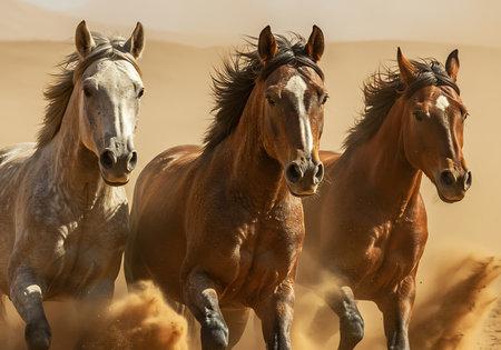 Powerful image of three horses in full gallop across a desert landscape. Generative Aiの素材