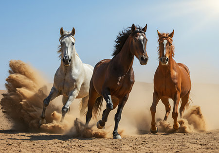Three beautiful horses, one light gray, one reddish-brown, and a third in a similar color, are captured in mid-gallop across a sandy desert landscape. Generative Aiの素材