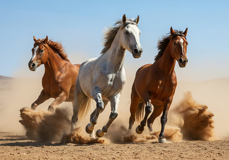 Three beautiful horses, one light gray, one reddish-brown, and a third in a similar color, are captured in mid-gallop across a sandy desert landscape. Generative Aiの素材