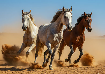 Three beautiful horses, one light gray, one reddish-brown, and a third in a similar color, are captured in mid-gallop across a sandy desert landscape. Generative Aiの素材