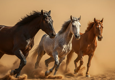 A dynamic image of three horses in full stride, galloping across a sandy landscape. Generative Aiの素材