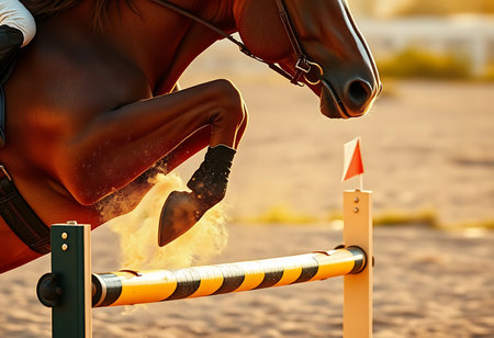 A stunning image of a brown horse mid-jump, effortlessly clearing a hurdle. Generative Aiの素材