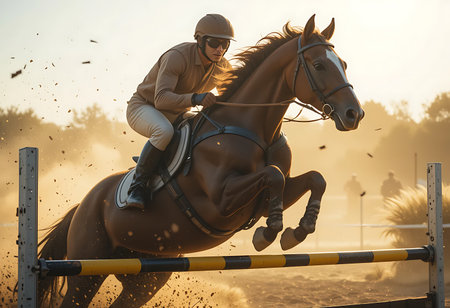 A dynamic image of a horse and rider in mid-air, successfully clearing a jump at a horse jumping competition. Generative Aiの素材