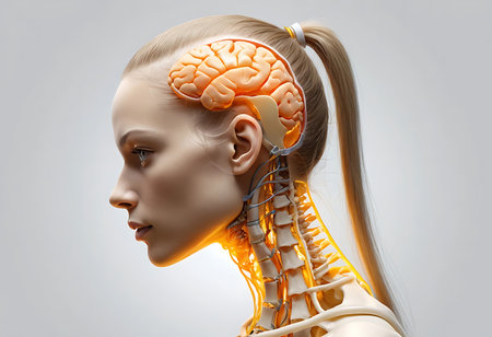 A striking 3D anatomical illustration showcasing a woman's head and neck, highlighting the intricate structure of the brain, spine, and surrounding tissues. Generative Aiの素材