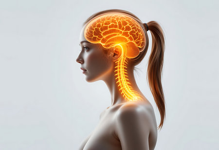 A striking 3D anatomical illustration showcasing a woman's head and neck, highlighting the intricate structure of the brain, spine, and surrounding tissues. Generative Aiの素材