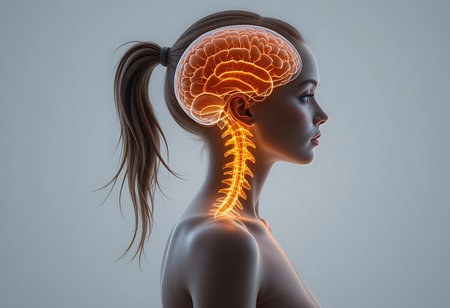 A striking 3D anatomical illustration showcasing a woman's head and neck, highlighting the intricate structure of the brain, spine, and surrounding tissues. Generative Aiの素材