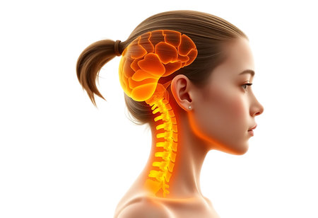 A detailed 3D illustration showcases a female figure's head and neck, highlighting the brain and cervical spine. Generative Aiの素材