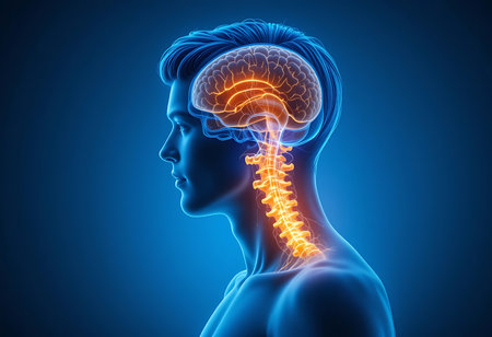 A professional 3D medical illustration showcasing the human head and neck in profile view. Generative Aiの素材