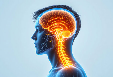 A professional medical illustration showcasing the human brain and spinal cord in a detailed, anatomical representation. Generative Aiの素材