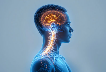 A detailed profile view of a human head and neck, highlighting the brain and spinal cord. Generative Aiの素材