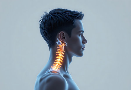 A detailed profile view of a human head and neck, highlighting the brain and spinal cord. Generative Aiの素材