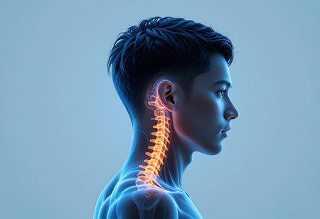 A detailed profile view of a human head and neck, highlighting the brain and spinal cord. Generative Aiの素材
