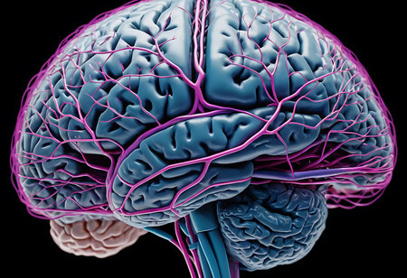 A vibrant 3D rendering showcases the intricate structure of a human brain, highlighting the complex network of blood vessels. Generative Aiの素材