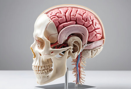 A detailed, highly realistic 3D anatomical model of a human head, showcasing the brain, skull, and various internal structures in layered detail. Generative Aiの素材