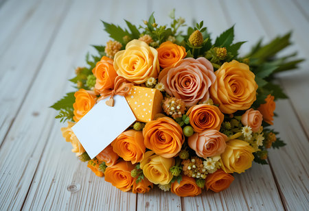 A close-up of a beautiful bouquet featuring a variety of peach and orange roses and other assorted flowers. Generative Aiの素材