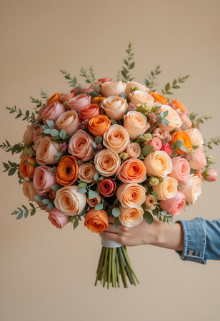 A close-up of a vibrant flower bouquet, featuring a variety of peach, orange, and pink roses, and greenery. Generative Aiの素材