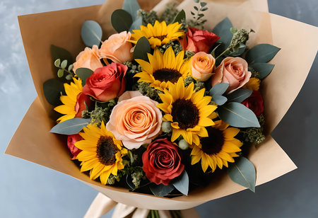 A close-up view of a vibrant flower bouquet, featuring sunflowers, roses, and dahlias in a mix of warm colors, including yellow, peach, and deep red. Generative Aiの素材