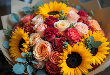 Close-up view of a vibrant flower bouquet featuring sunflowers and various roses in warm tones of peach, pink, red, and yellow. Generative Aiの素材