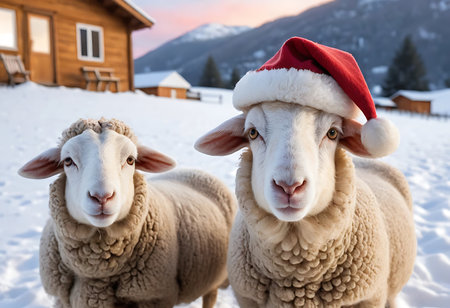 Close-up of a white sheep wearing a red Santa hat, standing in a snowy landscape with a rustic wooden chalet in the background. Generative Aiの素材