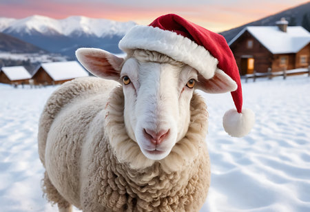 Close-up of a white sheep wearing a red Santa hat, standing in a snowy landscape with a rustic wooden chalet in the background. Generative Aiの素材