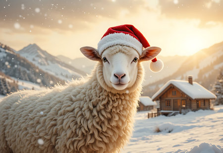 A charming close-up of a sheep wearing a Santa hat, standing in a snowy mountain landscape at sunrise or sunset. Generative Aiの素材