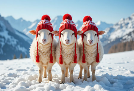 Three adorable white sheep, each wearing a festive red knitted hat with a pom-pom, stand in a snowy mountain landscape. Generative Aiの素材