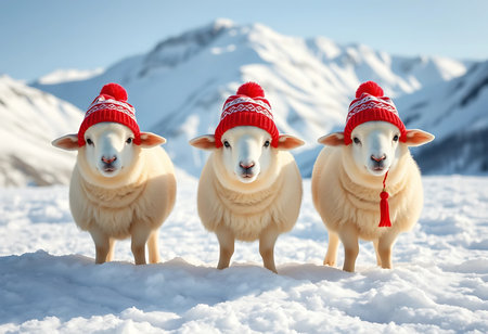 Adorable white sheep, each wearing a festive red knit hat with a pom-pom, stand in a snowy mountain landscape. Generative Aiの素材