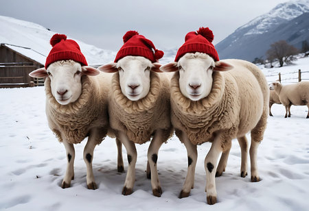 Three adorable, fluffy white sheep wearing matching red winter hats with pom-poms stand in a snowy mountain landscape. Generative Aiの素材