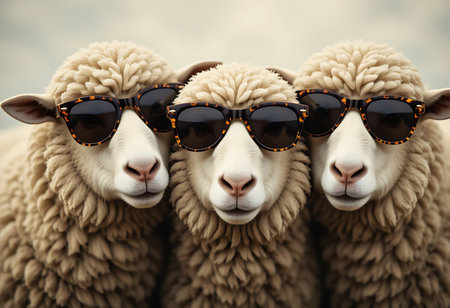 Close-up of three sheep wearing sunglasses, creating a humorous and engaging image. Generative Aiの素材