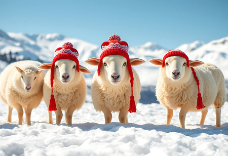 Four adorable sheep, each wearing a bright red winter hat with a pom-pom, stand in a snowy field. Generative Aiの素材