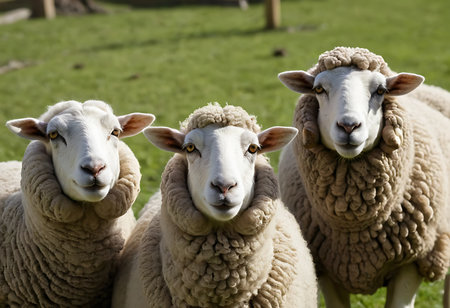 A close-up portrait of three sheep, each wearing stylish sunglasses with a tortoiseshell pattern. Generative Aiの素材