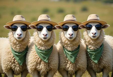 Three adorable cartoon sheep, wearing matching sunhats, sunglasses, and green bandanas, pose in a grassy field. Generative Aiの素材