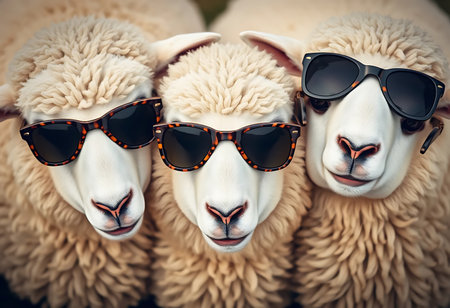 A close-up portrait of three sheep, each wearing stylish sunglasses with a tortoiseshell pattern. Generative Aiの素材
