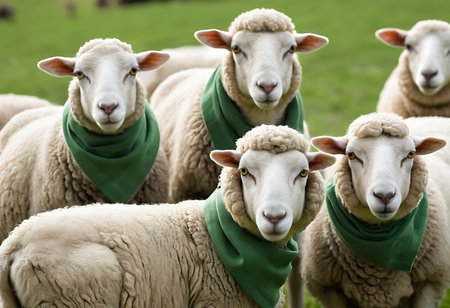 Close-up of three sheep in a grassy field, each adorned with a vibrant green bandana. Generative Aiの素材